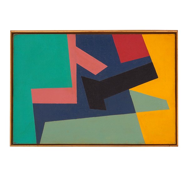 Poul Gadegaard maleri. Poul Gadegaard, 1920-92, olie på lærred. Komposition signeret og dateret 1954. Lysmål: 38x55cm. Med ramme: 40x57cm