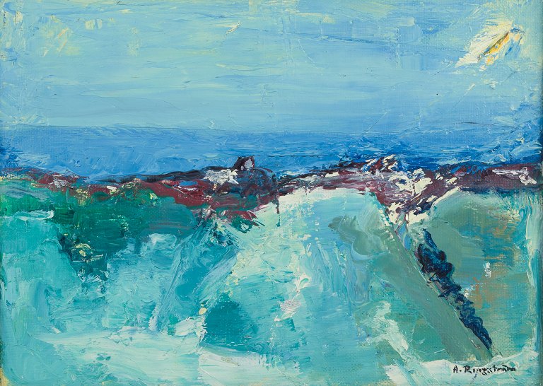 Arne Ringström (1924-2008), svensk kunstner. Olie på lærred.Modernistisk landskab.