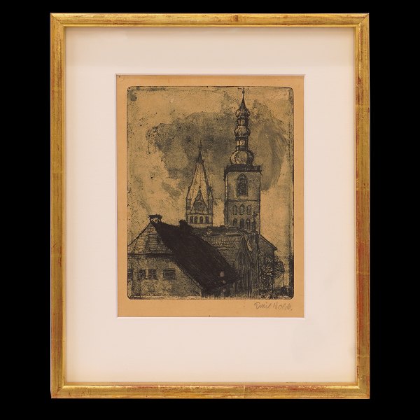 Emil Nolde etching and pencil. Towers of Petri and Patrocil in Soest, Germany. Signed Emil Nolde. 1906. Visible size: 22x17cm. With frame: 34x28cm