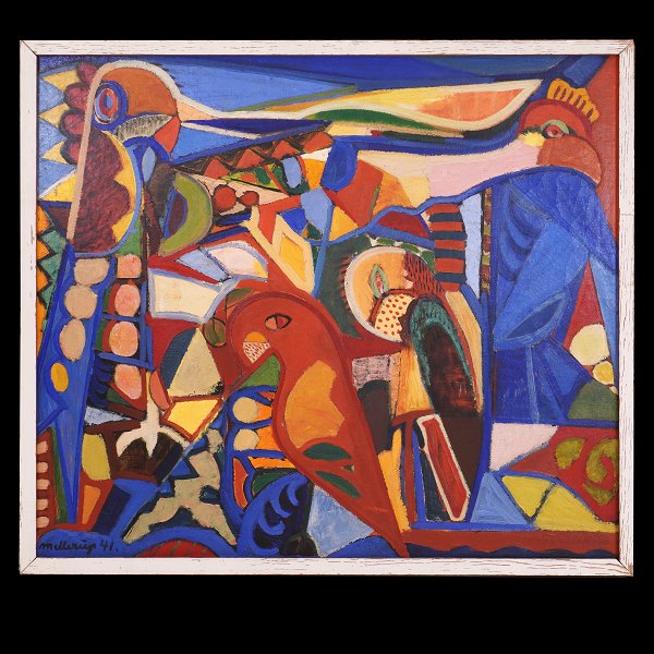 Tage Mellerup, 1911-88, oil on canvas. Composition with birds signed and dated 1941. Visible size: 97x113cm. With frame: 105x121cm