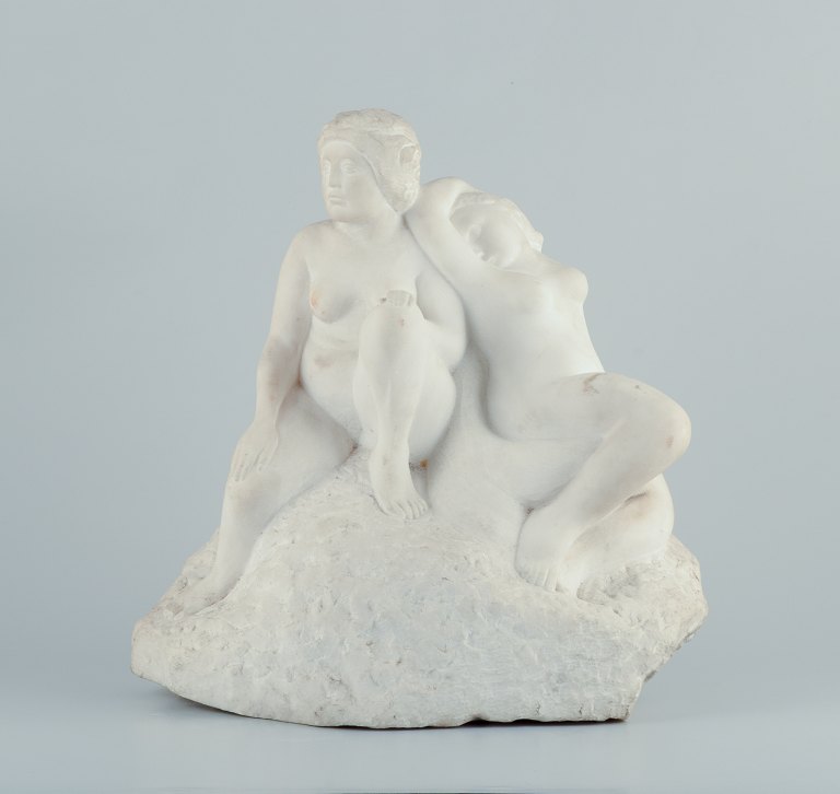 Jean René Carrière (1888-1982) French sculptor. Large and impressive"Naiades"   marble sculpture.Two nude water nymphs on stone.