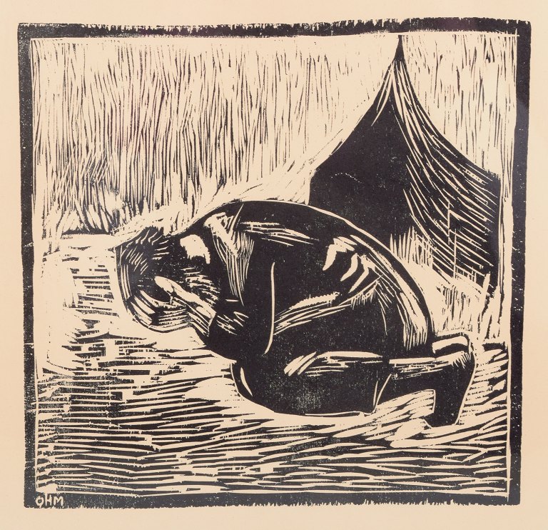 Olivia Holm-Møller, træsnit på papir.”The Story of Jonah”.