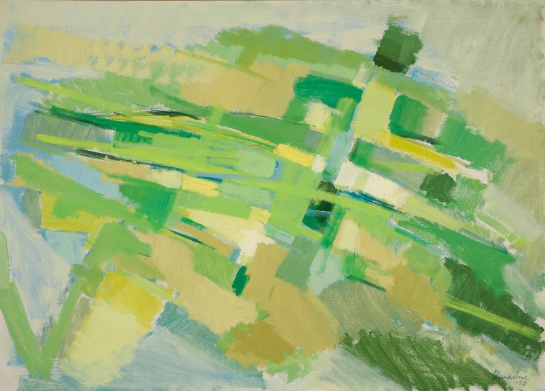 Stig Wernheden (1921-1997), svensk kunstner, olie på lærred.Modernistisk landskab.