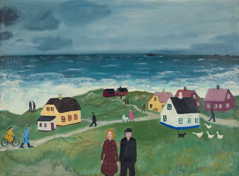 Knud Kristensen, olie på lærred.Naivistisk landskab fra Hanstholm, Vesterhavet.