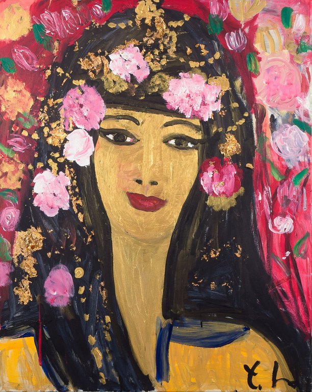 Yrsa Isabel Lind, dansk kunstner. Akryl på lærred.Ung kvinde med blomster i håret.