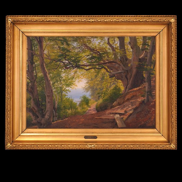 C. F. Aagaard maleri. Carl Frederik Aagaard, 1833-95, olie på lærred. Udsigten over Aarhusbugten fra Moesgaard skov. Signeret. Lysmål: 43x59cm. Med ramme: 62x78cm