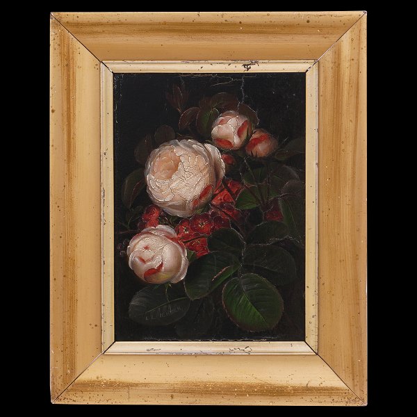 Signeret I. L. Jensen blomstermaleri. Johan Laurentz Jensen, 1800-56, olie på lærred på træplade. Stilleben med roser. Signeret "I. L. Jensen" ca. år 1830-40. Lysmål: 20x14,5cm. Med ramme: 29x23,5cm