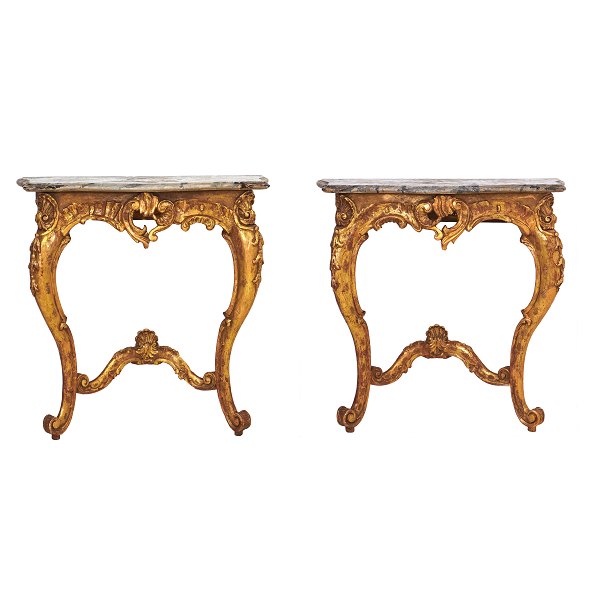 Pair of Danish gilt Rococo Consoles with marble imitated tops. Denmark circa 1760. H: 71cm. Top: 71x32cm