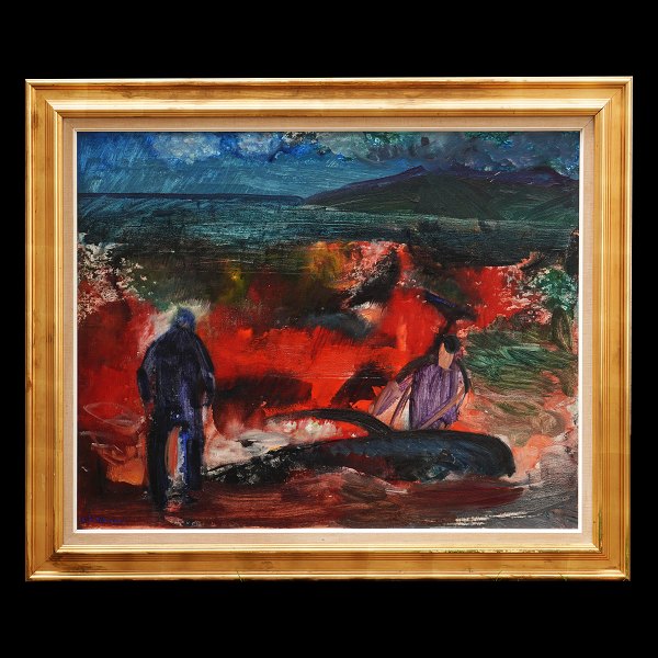 Samuel Joensen-Mikines, maleri. Samuel Joensen-Mikines, 1906-79, olie på lærred. Grindedrab, Færøerne. Signeret  S. J. Mikines. Lysmål: 79x99cm. Med ramme: 99x119cm