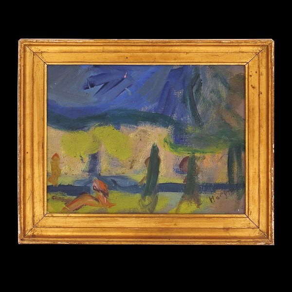 Erik Hoppe, 1896-1968, oil on canvas. Landscape, Copenhagen. Signed Hoppe. Visible size: 26x33cm. With frame: 35x42cm
