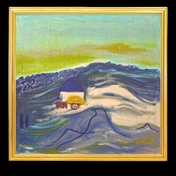 Jens Søndergaard,  1895-1957, olie på lærred. Bakket Landskab med personer, heste og hus. Signeret og dateret Jens Søndergaard 1952. Lysmål: 119x124cm. Med ramme: 133x138cm