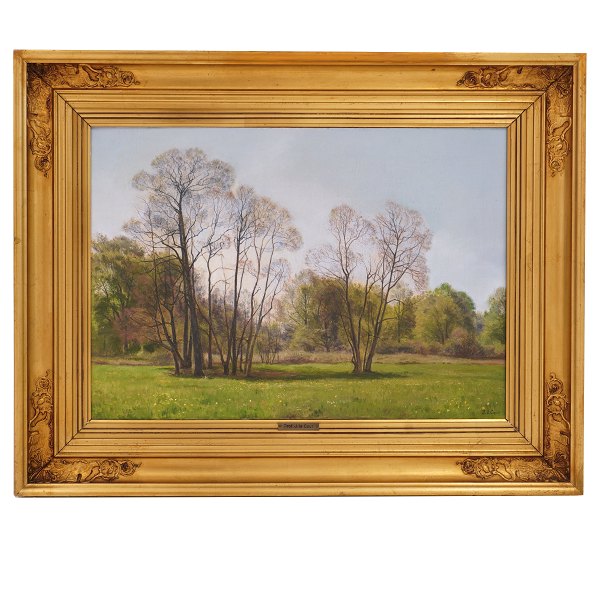 Janus la Cour maleri. Janus la Cour, 1837-1909, olie på lærred. Skovparti forår. Signeret. Lysmål: 44x63cm. Med ramme: 65x84cm