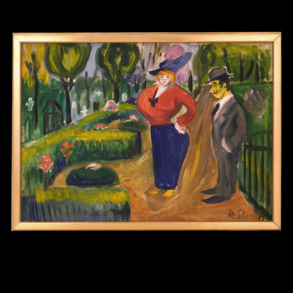 Storm P. maleri. Robert Storm Petersen, 1882-1949, olie på lærred. Motiv i form af mand og kvinde på kirkegård. Signeret  "R. Storm P.". Lysmål: 32x45cm. Med ramme: 37x50cm