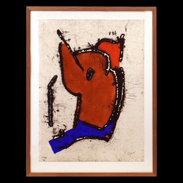 Robert Jacobsen radering. Robert Jacobsen håndkoloreret radering i farver 111/125 i ramme af lys valnød. Lysmål: 55x75cm. Med ramme: 89x68cm