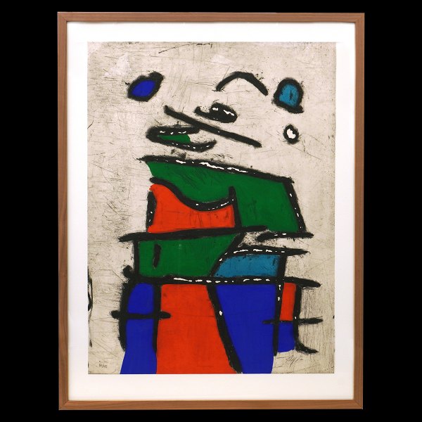 Robert Jacobsen radering. Robert Jacobsen håndkoloreret radering i farver 111/125 i ramme af lys valnød. Lysmål: 55x75cm. Med ramme: 89x68cm