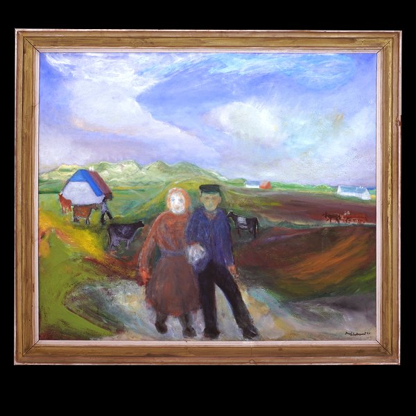 Jens Søndergaard maleri. Jens Søndergaard, 1895-1957, olie på lærred. Klitlandskab fra Stenbjerg, hvor JS havde sommerhus. Signeret og dateret 1948 og betitlet: "Klitlandskab med gammel Mand og Kone". Lysmål: 127x144cm. Med ramme: 146x163cm