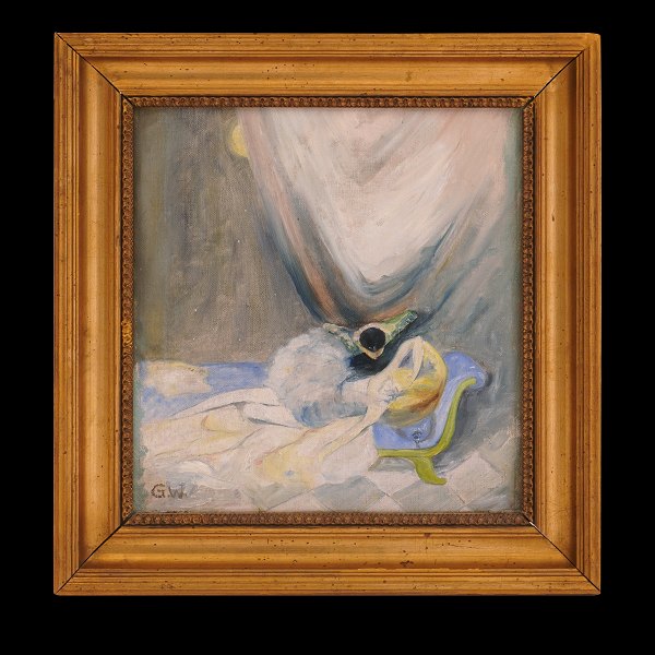 Gerda Wegener maleri. Gerda Wegener, 1886-1940, olie på lærred på plade. Signeret. Motiv i form af Harlekin og Colombine. Lysmål: 27x25cm. Med ramme: 38x36cm