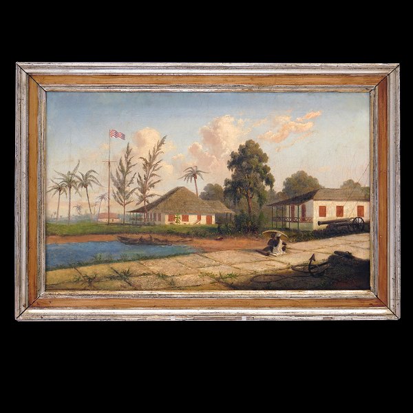 Landskabsparti fra Java med personer i forgrunden og bygninger og palmer i baggrunden. 2. halvdel af 1800-tallet. olie på lærred. Signeret af uidentificeret kunstner. Lysmål: 29x47cm. Med ramme: 37x55cm