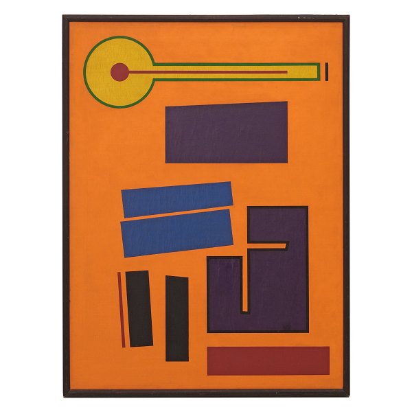 Mogens Lohmann, 1918-85, konkret motiv signeret og dateret 1957, hvor det var udstillet på Kunstnernes Efterårsudstilling. Lysmål: 80x60cm. Med ramme: 83x63cm