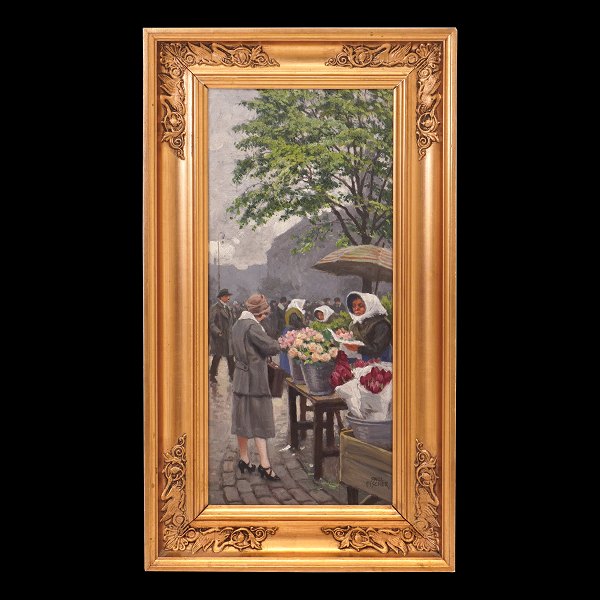 Paul Fischer maleri. Paul Fischer, 1860-1934, olie på træ. Blomstersælgere på Højbro Plads med Christiansborg i baggrunden. Signeret Paul Fischer. Lysmål: 36x15cm. Med ramme: 46x25cm