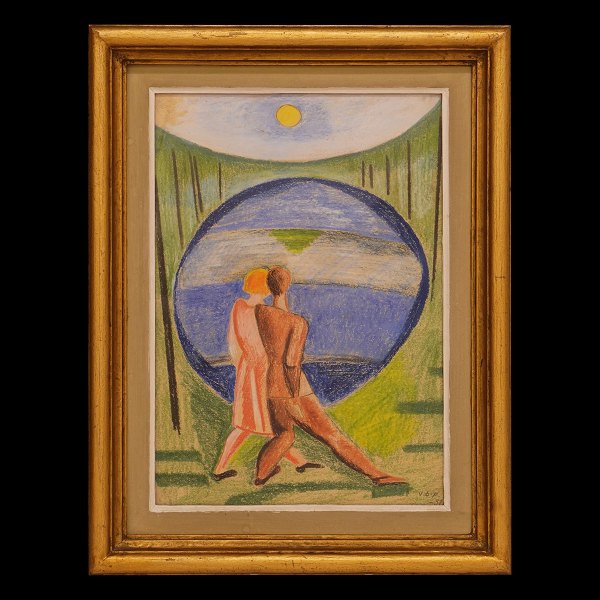 Vilhelm Bjerke Petersen, tegning. Vilhelm Bjerke Petersen, 1909-57, tegning, kridt på pap. Art Deco motiv med kærestepar i landskab med sol. Signeret og dateret 1931. Lysmål: 36x25cm. Med ramme: 48x37cm