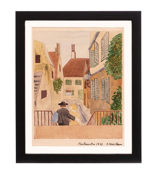 Storm P akvarel. Robert Storm Petersen, 1882-1949, akvarel, signeret "Montmartre 1932". Lysmål: 26x20cm. Med ramme: 33x27cm
