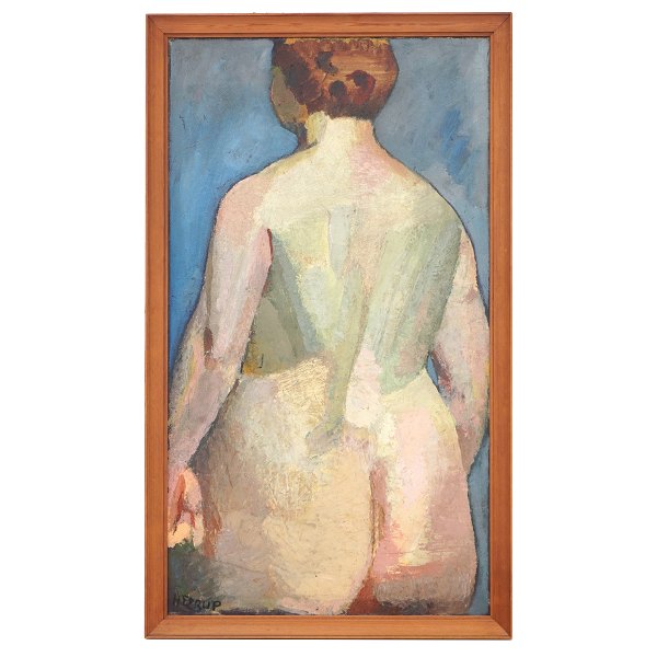 Henry Heerup painting.Henry Heerup, 1907-93, oil on canvas.Study of a standing female model.Signed Heerup.Exhibited at Kunstforeningen, Copenhagen, 1987. Probably from the 1930s.Visible size: 109x59cm. With frame: 118x68cm
