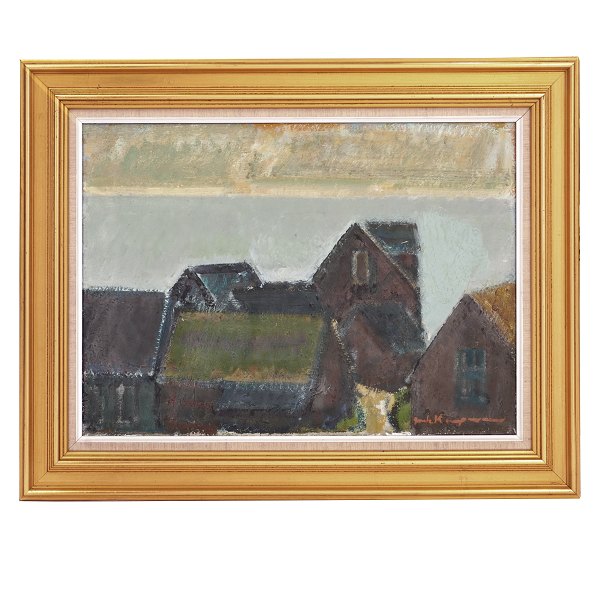 Jack Kampmann maleri Færøerne. Jack Kampmann, 1914-89, olie på lærred. Motiv fra færøsk bygd. Signeret Jack Kampmann. Lysmål: 46x65cm. Med ramme: 66x85cm