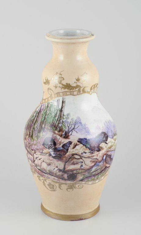 Royal Copenhagen. Colossal unique porcelain vase.Motif of two wood grouses.