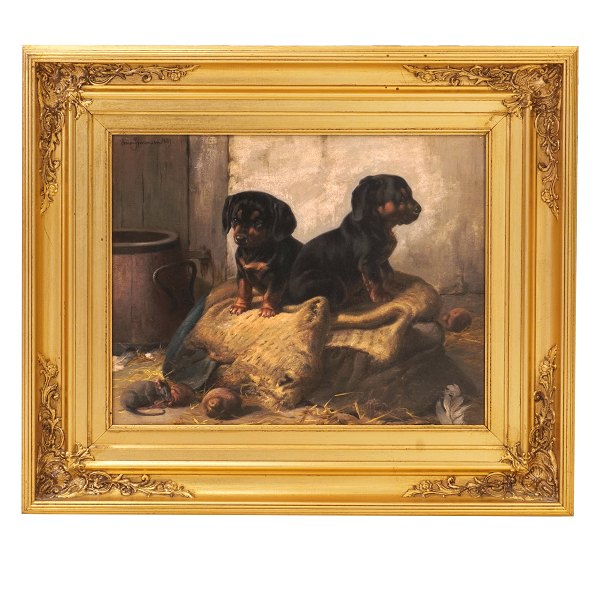 Simon Simonsen, 1841-1928, Öl auf Leinen. Motiv in Form von zwei Dackeln. Signiert und datiert 1889. Lichtmase: 31x39cm. Mit Rahmen: 50x58cm