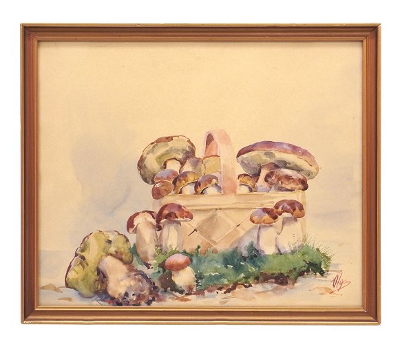 Storfyrstinde Olga Alexandrovna af Rusland: Stilleben med svampe, akvarel. Signeret Olga. Ca. år 1930. Lysmål: 33x40cm. Med ramme: 37x44cm