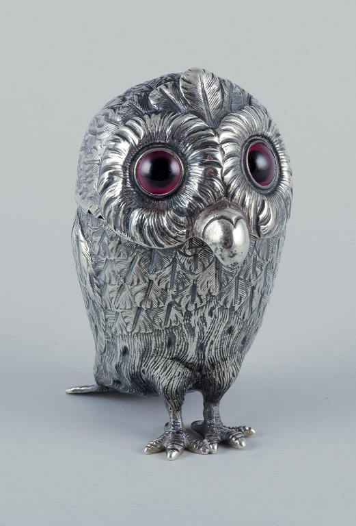 Edward Charles BrownRare mustard jar in the shape of an owl with red glass eyes inserted.