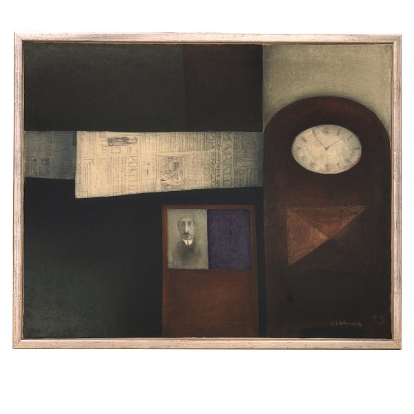 Albert Bertelsen, 1921-2019, Öl auf Leinen. "Stilleben mit Uhr". Signiert und datiert 1973. Lichtmasse: 81x100cm. Mit Rahmen: 87x106cm