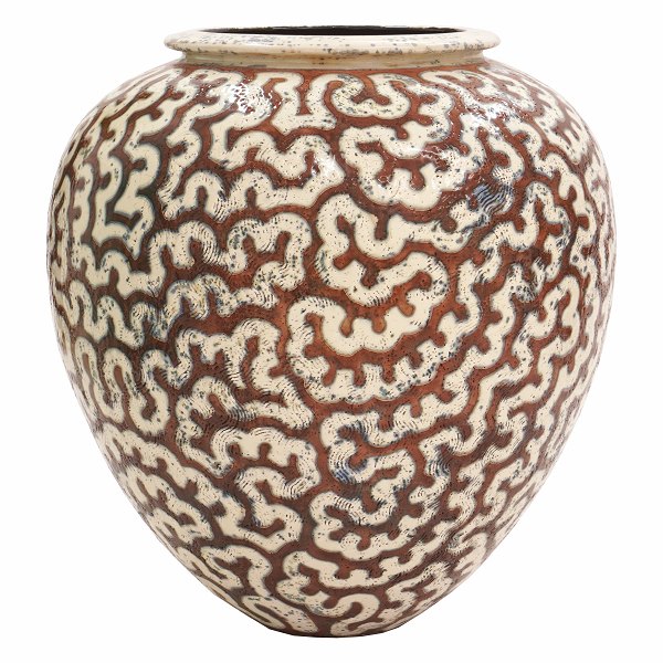 Large Per Weiss, Denmark, stoneware glazed vase with organic patterns. Signed. H: 63cm. D: 63cm