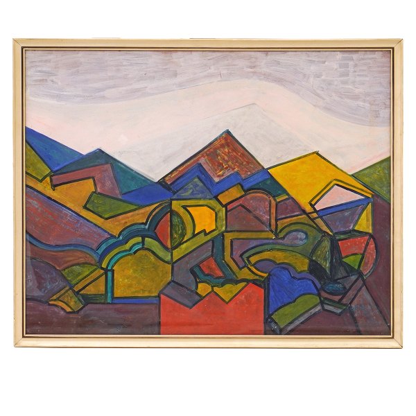 Tage Mellerup maleri COBRA. Tage Mellerup, 1911-88, akvarel. Landskab. Signeret og dateret 1954. Lysmål: 50x63cm. Med ramme: 54x67cm