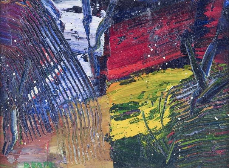 Lars Bertle (f. 1925), svensk kunstner, olie på plade.Abstrakt komposition.