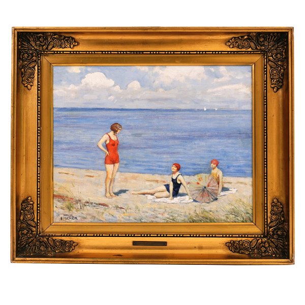 Paul Fischer, Denmark, 1860-1934, oil on canvas. Three women at the beach. Signed Paul Fischer. Visible size: 31x38cm. With frame: 46x53cm