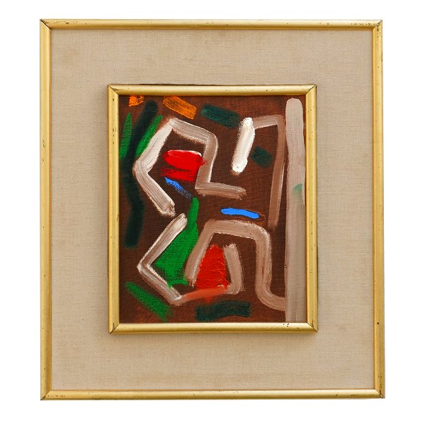 Egon Mathiesen maleri. Egon Mathiesen, 1907-76, olie på lærred. Komposition signeret og dateret 1970. Lysmål: 26x21cm. Med ramme: 44x39cm