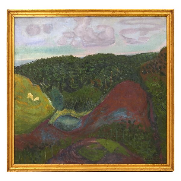 Jens Søndergaard maleri. Jens Søndergaard, 1895-1957, olie på lærred. Landskab dateret og signeret 1936. Lysmål: 66x69cm. Med ramme: 73x76cm