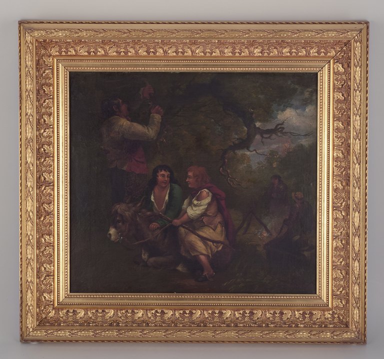 George Morland  (1763-1804) , olie på lærred.Motiv: En gruppe med æsel holder hvil i skoven.