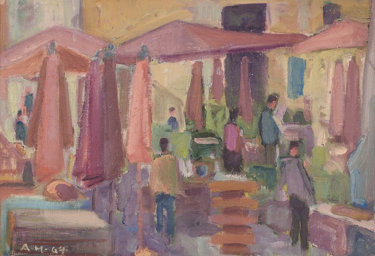 Aksel Møller (1909-1994), dansk kunstner. Olie på lærred.Markedsscene med personer fra Catania, Sicilien.