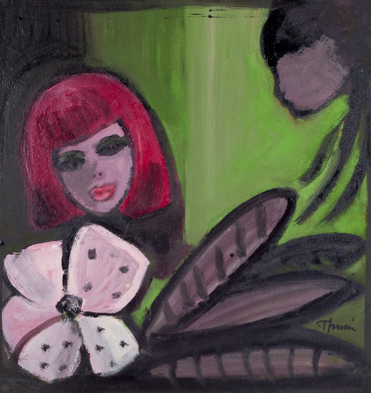 Swedish artist.Oil on board.Motif of two women and flower.
