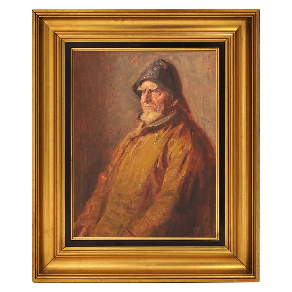 Michael Ancher fiskeportræt. Michael Ancher, 1949-1927, olie på træ. Signeret "MA". Bagside betegnet "Jens Bagh Madsen 1920". Lysmål: 29x39cm. Med ramme: 36x46cm