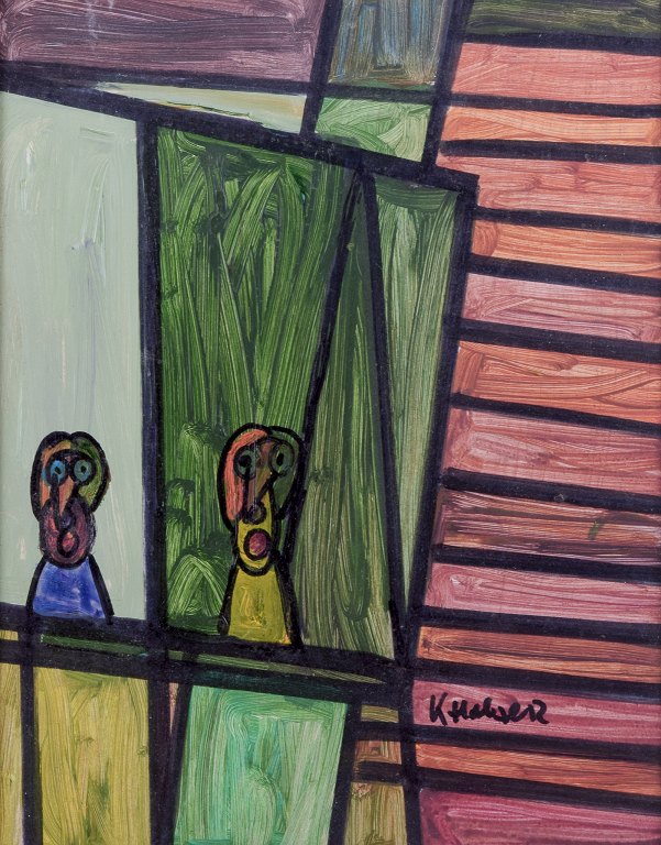 Kjell Hobjer, listed Swedish artist, oil on panel.Abstract/naïve style.