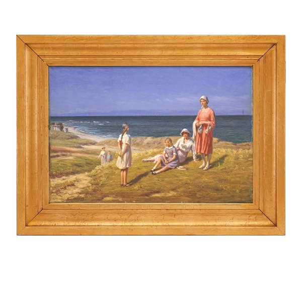 N. F. Schiøttz-Jensen, 1855-1941, olie på lærred. Parti fra Lønstrup Strand med badehuse i baggrunden. Signeret og dateret 1920. Lysmål: 37x55cm. Med ramme: 54x72cm