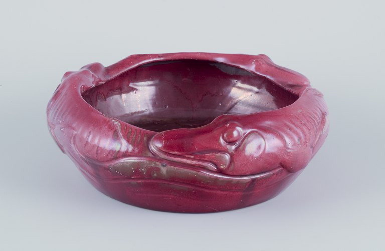 Karl Hansen Reistrup for Kähler.Ceramic bowl, modeled with fish in relief.