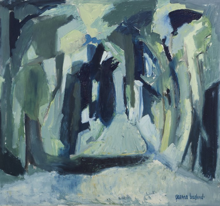 Parmo Baslund (1928-1983), dansk billedkunstner. Olie på lærred.Abstrakt landskab