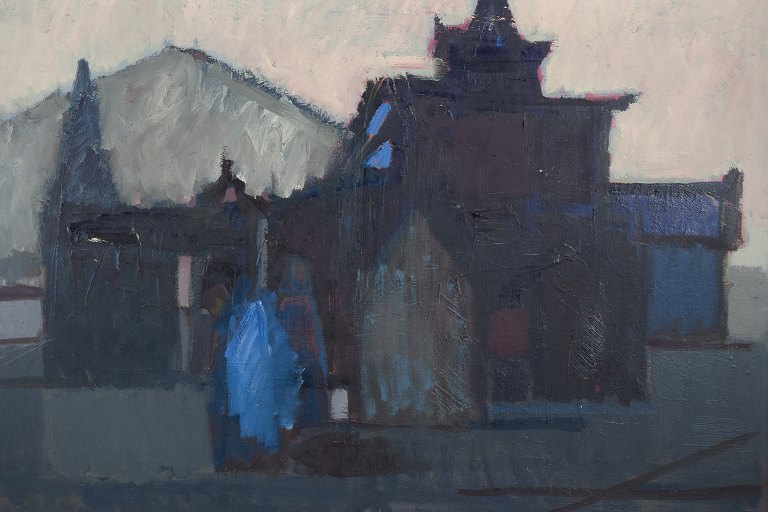 Peer Lorentz Dahl (1915-2005), norsk-dansk kunstner, olie på lærred.Motiv af norsk stavkirke.