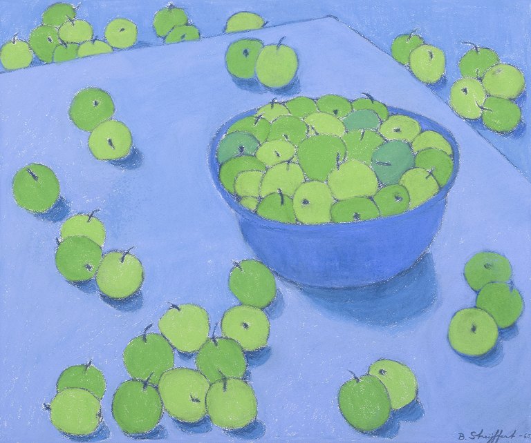 Brita Streijffert (1917-2006), Swedish artist.Oil pastel on paper.Fruits in a bowl on a table.