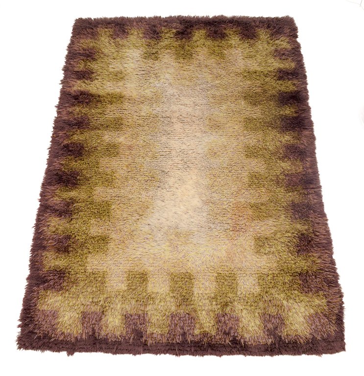 Scandinavian textile artist.Cotton rya rug.Brown yellow and white colors.